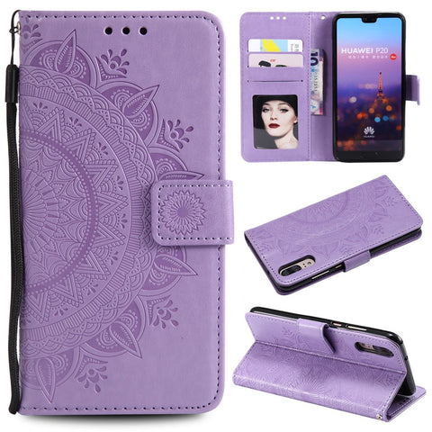 Imprint Mandala Flower Stand Wallet Leather Cell Phone Case for Huawei P20