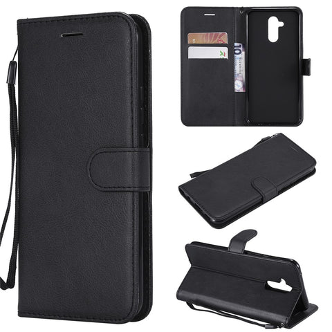 For Huawei Mate 20 Lite / Maimang 7 with Strap Case Solid Color Leather Mobile Cover Wallet Stand with Strap