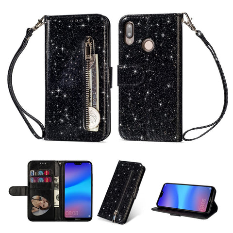 Flash Powder Zippered Stand Leather Wallet Cell Phone Case with Strap for Huawei P20 Lite / Nova 3e (China)