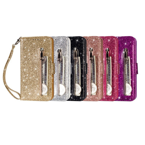 Flash Powder Zippered Stand Leather Wallet Cell Phone Case with Strap for Huawei P20 Lite / Nova 3e (China)