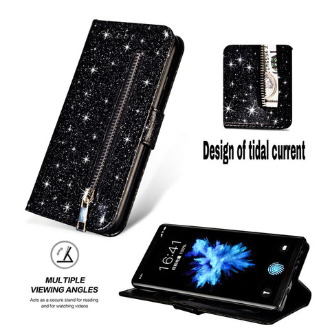 Flash Powder Zippered Stand Leather Wallet Cell Phone Case with Strap for Huawei P20 Lite / Nova 3e (China)