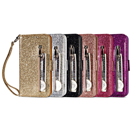 Flash Powder Zippered Stand Leather Wallet Cell Phone Case with Strap for Huawei P20 Lite / Nova 3e (China)