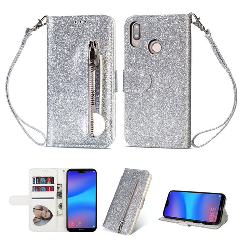 Flash Powder Zippered Stand Leather Wallet Cell Phone Case with Strap for Huawei P20 Lite / Nova 3e (China)