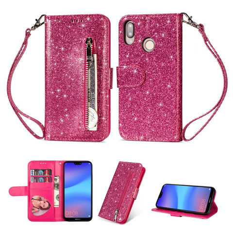 Flash Powder Zippered Stand Leather Wallet Cell Phone Case with Strap for Huawei P20 Lite / Nova 3e (China)