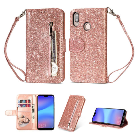 Flash Powder Zippered Stand Leather Wallet Cell Phone Case with Strap for Huawei P20 Lite / Nova 3e (China)