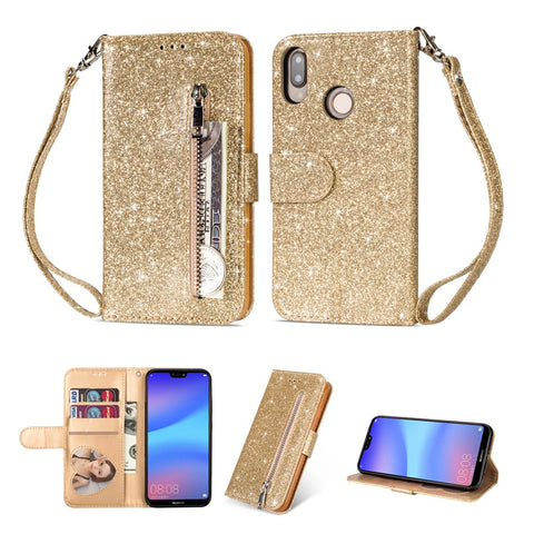 Flash Powder Zippered Stand Leather Wallet Cell Phone Case with Strap for Huawei P20 Lite / Nova 3e (China)