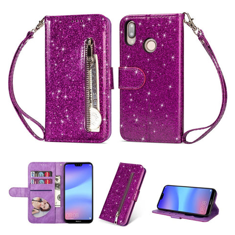 Flash Powder Zippered Stand Leather Wallet Cell Phone Case with Strap for Huawei P20 Lite / Nova 3e (China)