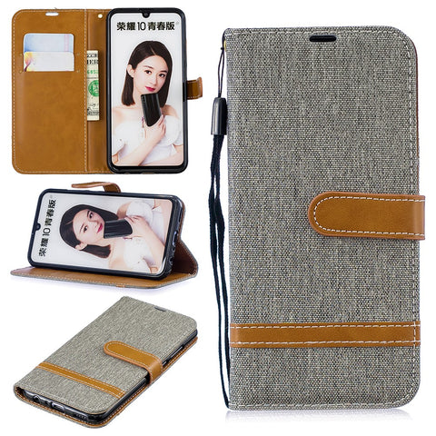 Two-tone Jean Cloth PU Leather Mobile Cover with Stand for Huawei P Smart (2019) / Honor 10 Lite