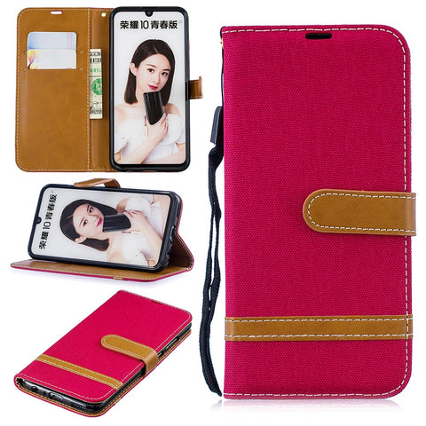 Two-tone Jean Cloth PU Leather Mobile Cover with Stand for Huawei P Smart (2019) / Honor 10 Lite