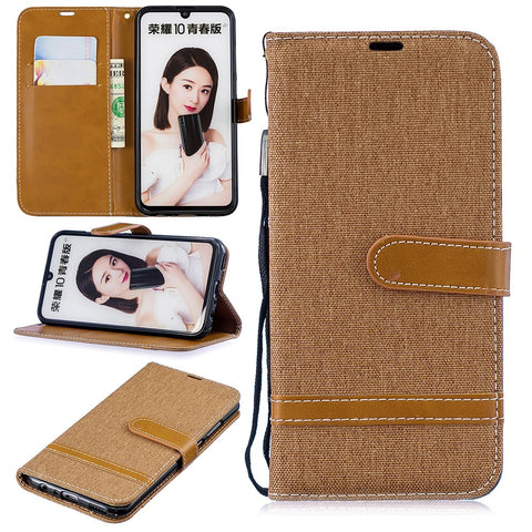 Two-tone Jean Cloth PU Leather Mobile Cover with Stand for Huawei P Smart (2019) / Honor 10 Lite