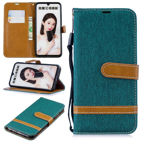 Two-tone Jean Cloth PU Leather Mobile Cover with Stand for Huawei P Smart (2019) / Honor 10 Lite