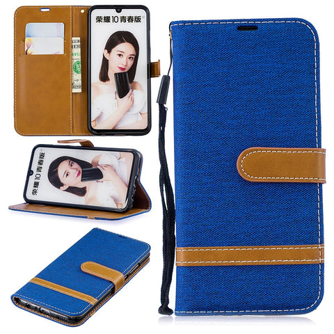 Two-tone Jean Cloth PU Leather Mobile Cover with Stand for Huawei P Smart (2019) / Honor 10 Lite