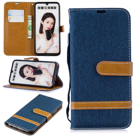 Two-tone Jean Cloth PU Leather Mobile Cover with Stand for Huawei P Smart (2019) / Honor 10 Lite
