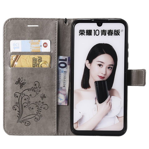 For Huawei Honor 10 Lite / P Smart (2019) Wallet Case Floral Butterfly Imprinted Leather Phone Cover Stand