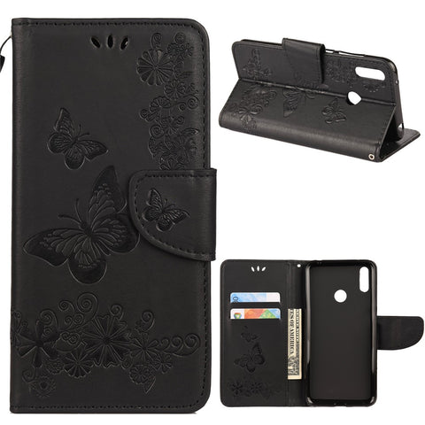 Imprint Butterfly Flower Leather Wallet Cell Phone Case for Huawei Y7 (2019)
