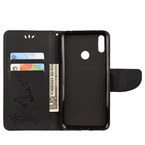Imprint Butterfly Flower Leather Wallet Cell Phone Case for Huawei Y7 (2019)