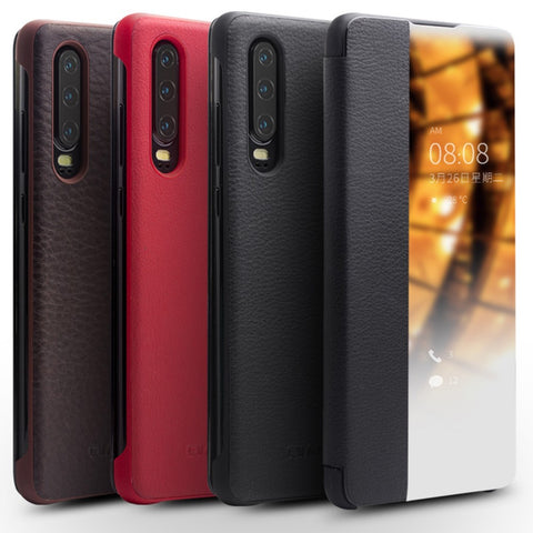 QIALINO for Huawei P30 View Window Cowhide Leather Smart Phone Case