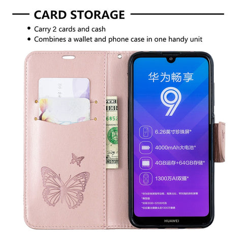 Imprint Butterfly Leather Wallet Case for Huawei Y7 (2019) / Y7 Prime (2019)