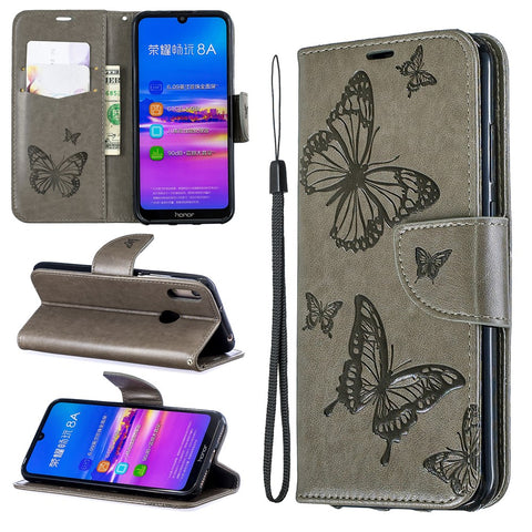 Imprint Butterfly PU Leather Wallet Flip Case with Strap for Huawei Y6 (2019, with Fingerprint Sensor) / Y6 Prime (2019) / Honor 8A