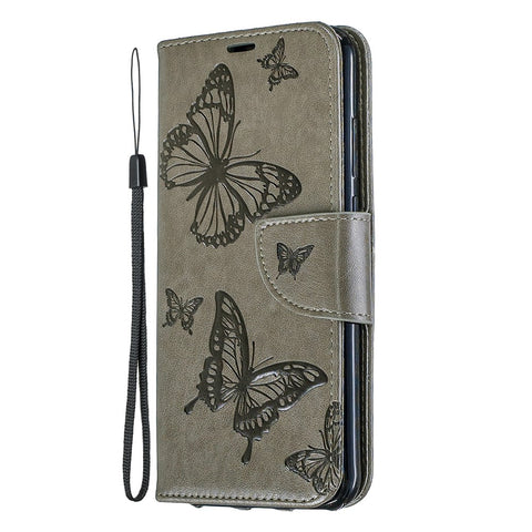 Imprint Butterfly PU Leather Wallet Flip Case with Strap for Huawei Y6 (2019, with Fingerprint Sensor) / Y6 Prime (2019) / Honor 8A
