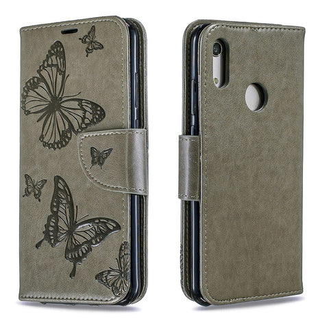 Imprint Butterfly PU Leather Wallet Flip Case with Strap for Huawei Y6 (2019, with Fingerprint Sensor) / Y6 Prime (2019) / Honor 8A