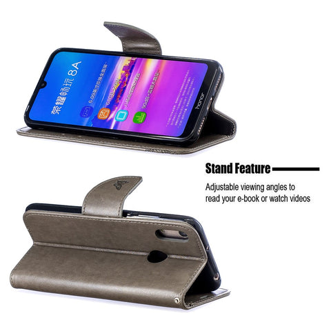 Imprint Butterfly PU Leather Wallet Flip Case with Strap for Huawei Y6 (2019, with Fingerprint Sensor) / Y6 Prime (2019) / Honor 8A