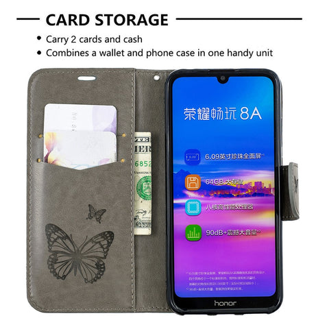 Imprint Butterfly PU Leather Wallet Flip Case with Strap for Huawei Y6 (2019, with Fingerprint Sensor) / Y6 Prime (2019) / Honor 8A