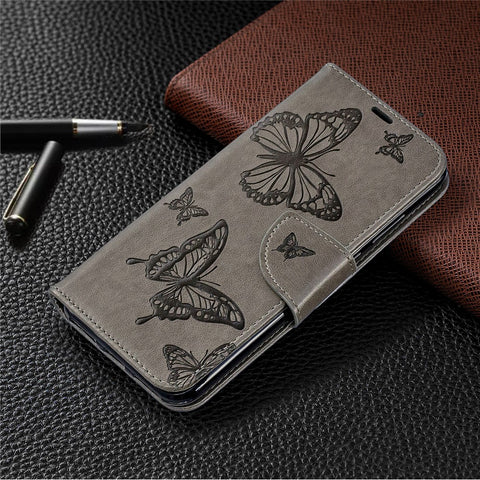 Imprint Butterfly PU Leather Wallet Flip Case with Strap for Huawei Y6 (2019, with Fingerprint Sensor) / Y6 Prime (2019) / Honor 8A