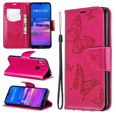 Imprint Butterfly PU Leather Wallet Flip Case with Strap for Huawei Y6 (2019, with Fingerprint Sensor) / Y6 Prime (2019) / Honor 8A