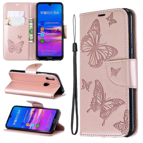 Imprint Butterfly PU Leather Wallet Flip Case with Strap for Huawei Y6 (2019, with Fingerprint Sensor) / Y6 Prime (2019) / Honor 8A