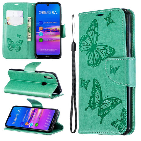 Imprint Butterfly PU Leather Wallet Flip Case with Strap for Huawei Y6 (2019, with Fingerprint Sensor) / Y6 Prime (2019) / Honor 8A