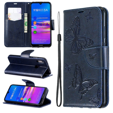 Imprint Butterfly PU Leather Wallet Flip Case with Strap for Huawei Y6 (2019, with Fingerprint Sensor) / Y6 Prime (2019) / Honor 8A