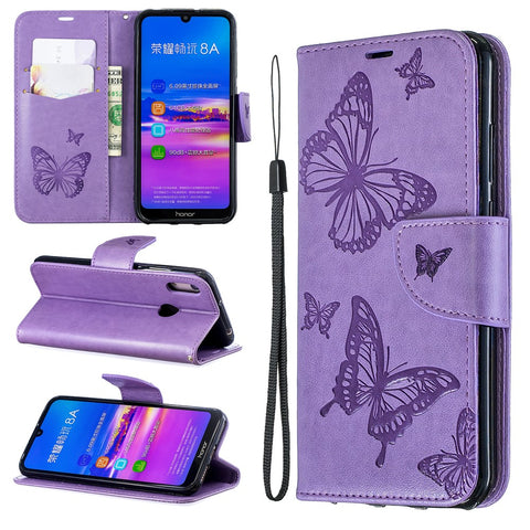 Imprint Butterfly PU Leather Wallet Flip Case with Strap for Huawei Y6 (2019, with Fingerprint Sensor) / Y6 Prime (2019) / Honor 8A