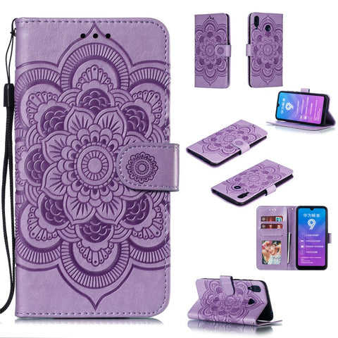 For Huawei Y7 (2019) Imprint Mandala Flower Leather Wallet Case Phone Cover