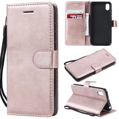For Huawei Y5 (2019) / Honor 8S Case Solid Color Leather Mobile Cover Wallet Stand with Strap