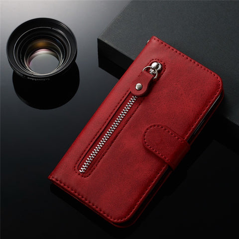 Zipper Pocket Leather Wallet Stand Phone Case for Huawei Y6 (2019, with Fingerprint Sensor)/Y6 Prime (2019)/Honor 8A
