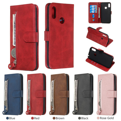 Zipper Pocket Leather Wallet Stand Phone Case for Huawei Y6 (2019, with Fingerprint Sensor)/Y6 Prime (2019)/Honor 8A