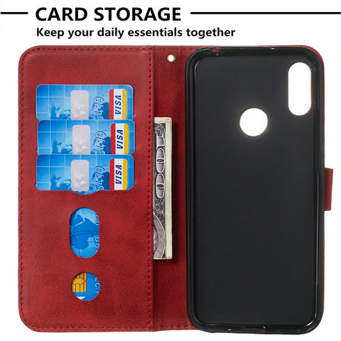 Zipper Pocket Leather Wallet Stand Phone Case for Huawei Y6 (2019, with Fingerprint Sensor)/Y6 Prime (2019)/Honor 8A