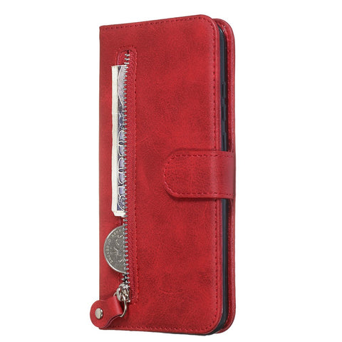 Zipper Pocket Leather Wallet Stand Phone Case for Huawei Y6 (2019, with Fingerprint Sensor)/Y6 Prime (2019)/Honor 8A