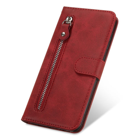Zipper Pocket Leather Wallet Stand Phone Case for Huawei Y6 (2019, with Fingerprint Sensor)/Y6 Prime (2019)/Honor 8A