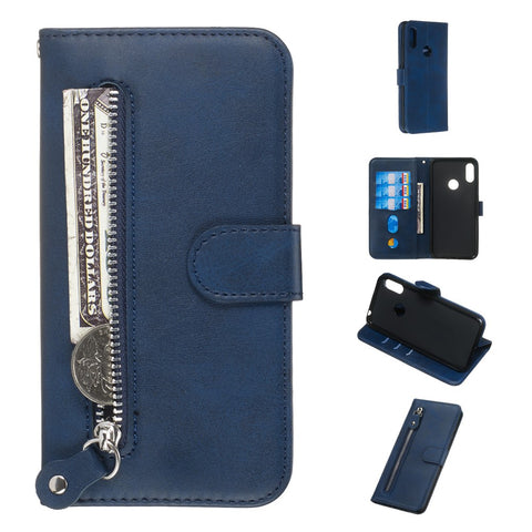 Zipper Pocket Leather Wallet Stand Phone Case for Huawei Y6 (2019, with Fingerprint Sensor)/Y6 Prime (2019)/Honor 8A