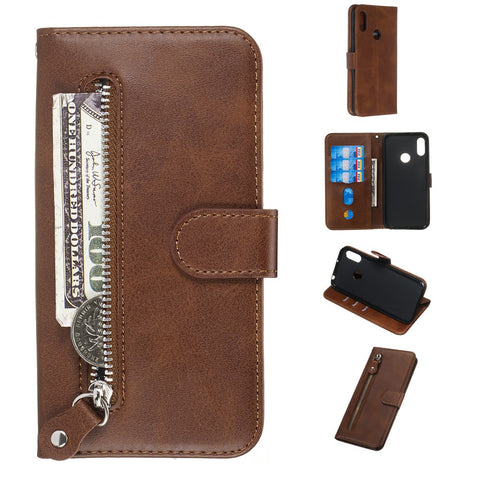 Zipper Pocket Leather Wallet Stand Phone Case for Huawei Y6 (2019, with Fingerprint Sensor)/Y6 Prime (2019)/Honor 8A