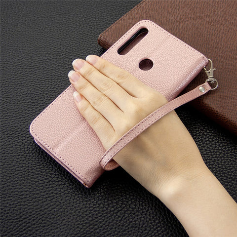 Litchi Skin Wallet Leather Phone Case with Strap for Huawei P40 lite E/Y7p/Honor 9C