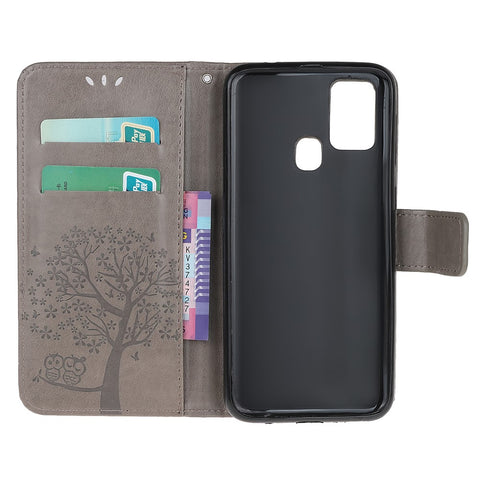Imprint Tree Owl Leather Wallet Cell Phone Cover for Huawei P smart 2020