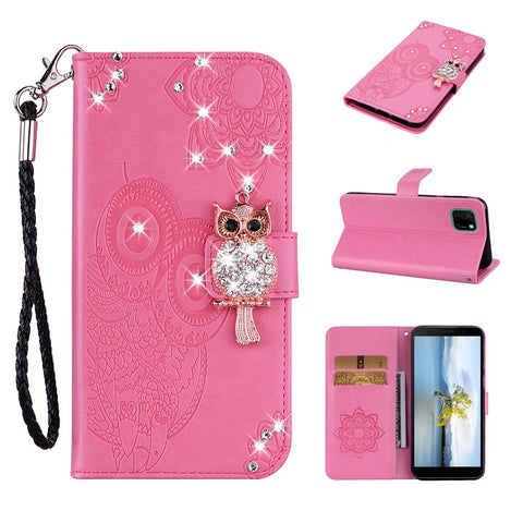 Owl Imprint Rhinestone Decor Leather Phone Cover Case for Huawei Y5p