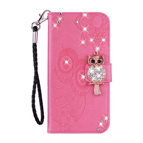 Owl Imprint Rhinestone Decor Leather Phone Cover Case for Huawei Y5p