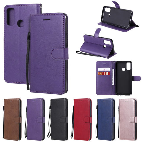 For Huawei P Smart 2020 Case Solid Color Leather Mobile Cover Wallet Stand with Strap