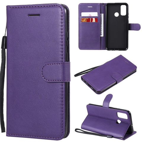 For Huawei P Smart 2020 Case Solid Color Leather Mobile Cover Wallet Stand with Strap
