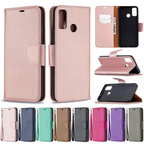 Litchi Texture Wallet Stand Leather Cover with Strap for Honor 9X Lite