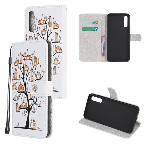 Cross Texture Pattern Printing Leather Wallet Stand Cover with Strap for Huawei P Smart S / Y8p
